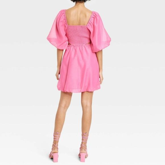 A New Day Hot Pink Puff Short Sleeve Cut Out Bubble A-Line Dress Womens Size XS - Picture 2 of 11